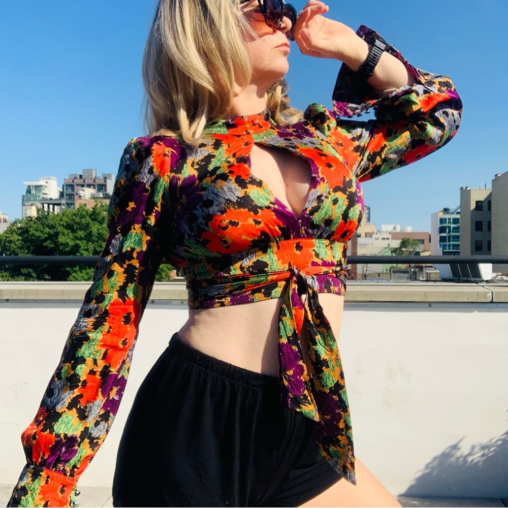 Satin Poppies Floral Leopard Cuffed Long Sleeves Strap Wrap Crop Top Blouse